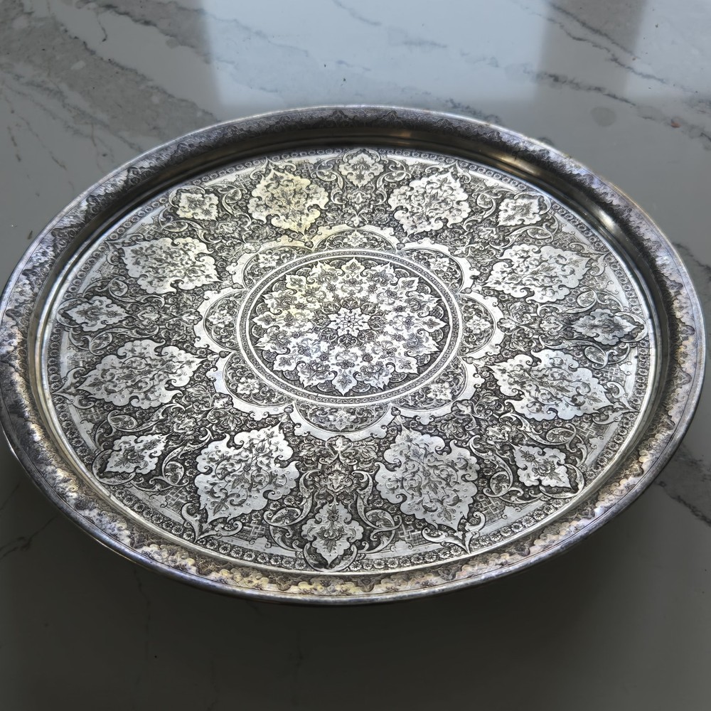 EXCEPTIONAL GENUINE ANTIQUE MIDDLE EASTERN SILVER ROUND TRAY