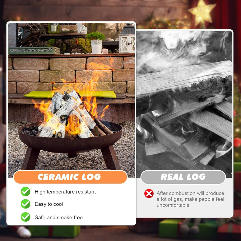 Realistic Birch Ceramic Fireplace Logs - 6 Pack for Fire Pits