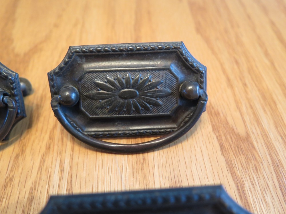 Antique Brass Tone Drawer Pulls Drop Pulls - Set of 9