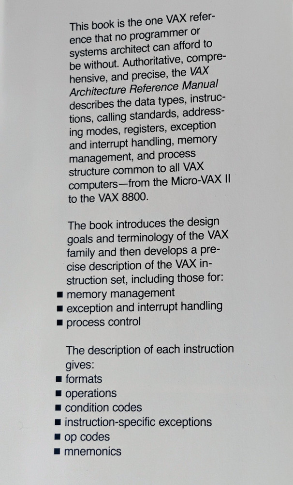 DEC VAX Architecture Reference Manual Timothy Leonard 1987 HC DJ