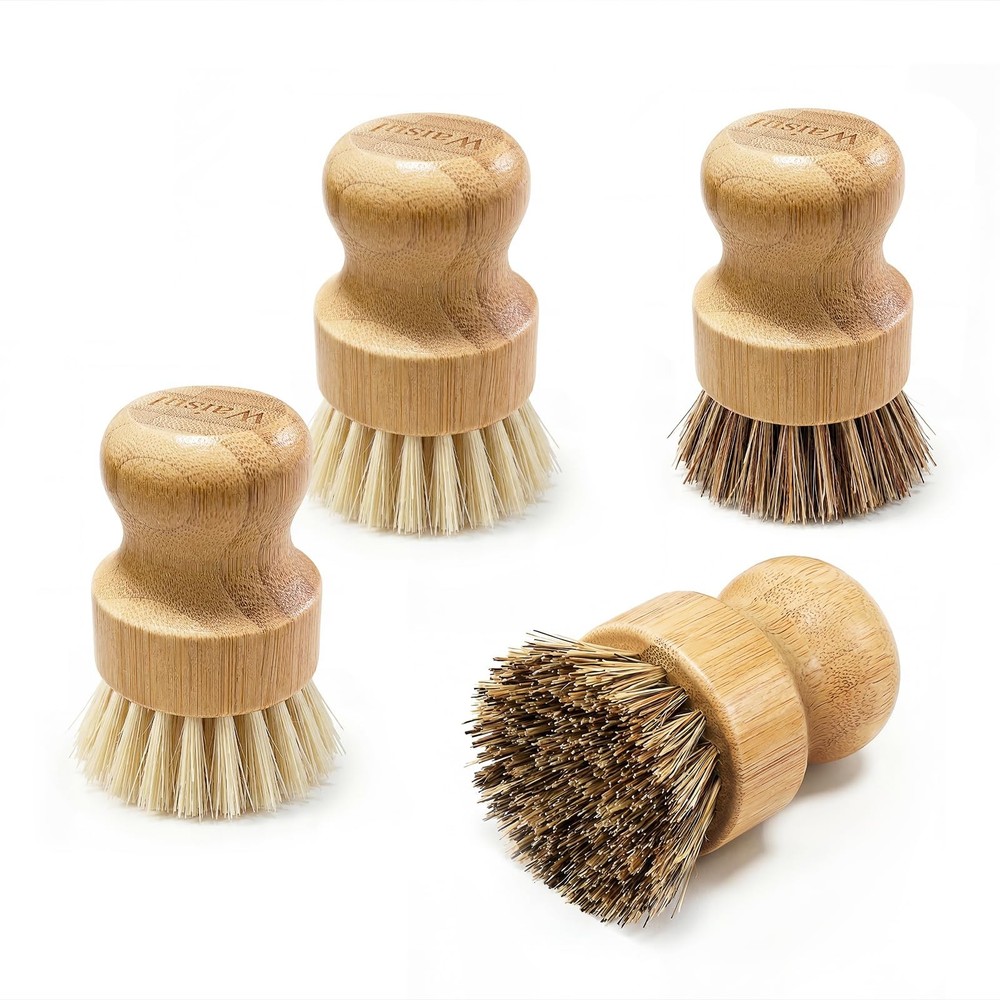 Eco Friendly Kitchen Dish Brush Set - Bamboo 4 Pack Cast Iron Scrubber