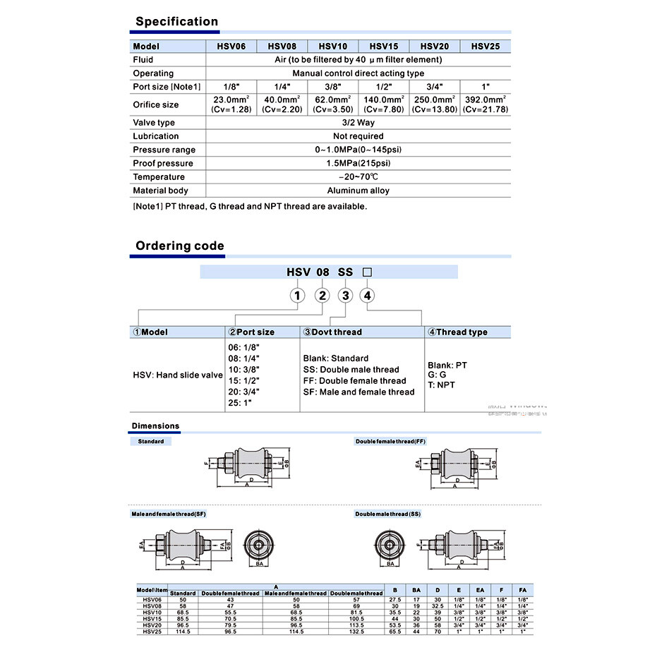 1Pc HSV10 Pneumatic slide switch Hand slide valve Flow Control Manual Slide 3/8