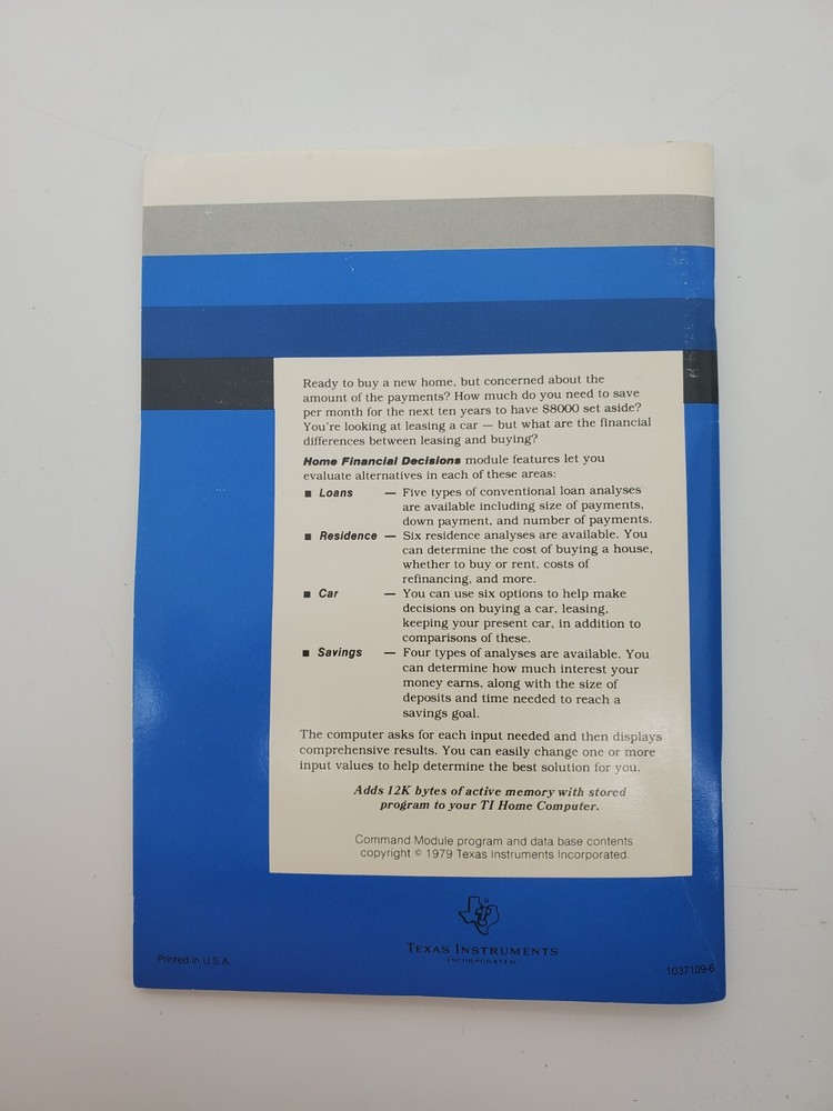 Texas Instruments Computer Software TI-99 Home Financial Decisions Tested