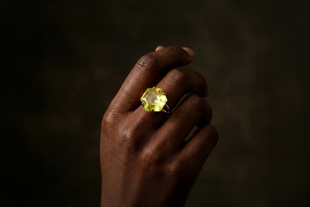 Lemon Quartz Ring Anemone Handmade Hexagon Cut 14k Gold Statement