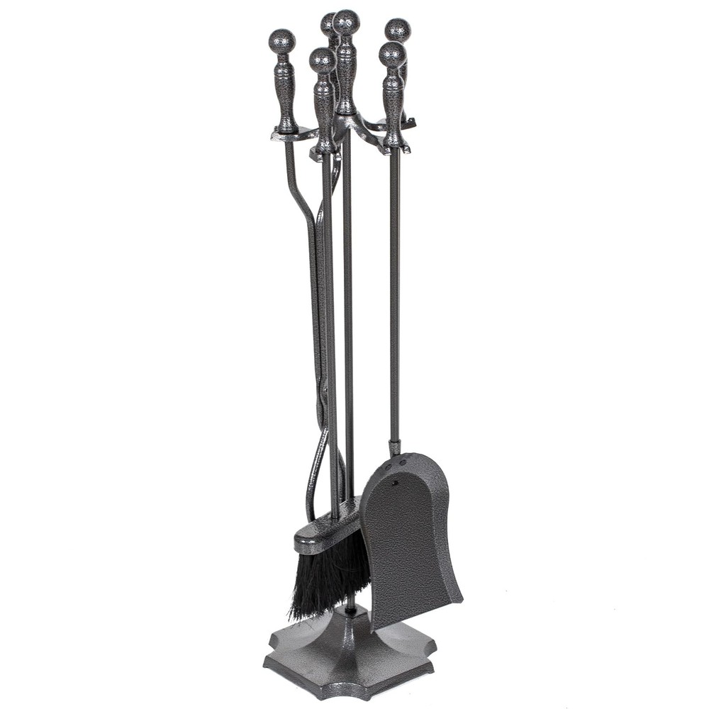 5 Pieces Fireplace Tools Set, Wrought Iron with Silver Pattern Fireplace Acce...