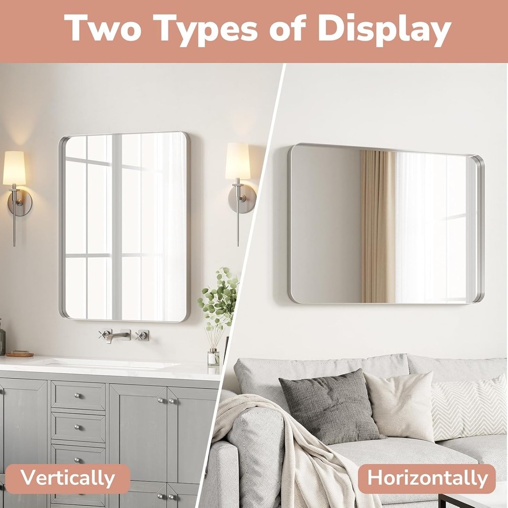 USHOWER 22x30 Brushed Nickel Bathroom Mirror 2 Pack Rectangle Wall Mounted Hooks