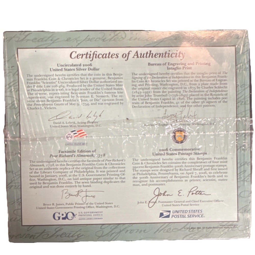 2006 SEALED Benjamin Franklin $1 SILVER Coin & Chronicles Set Uncirculated