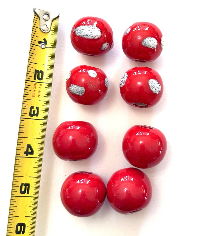 Vintage Macrame Beads Glazed Ceramic Red Solid & Dotted Lot Of 8