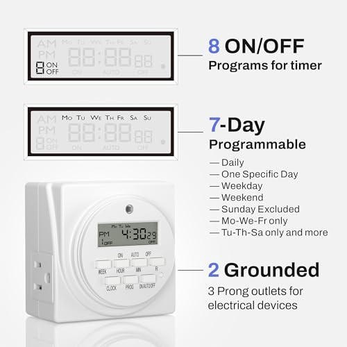 BN-LINK Indoor Digital Timer Outlet, Dual Outlet 7 Day Programmable Light Switch