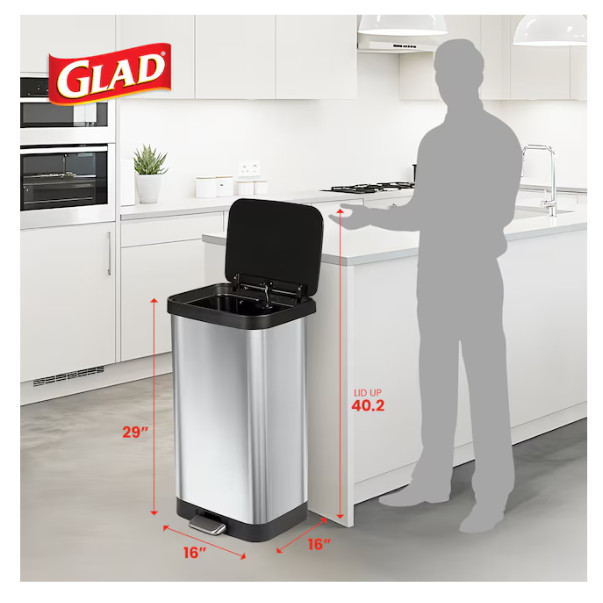 Glad Step Trash Can Soft Close Lid Bin with Odor Protection 20 Gal Stainless