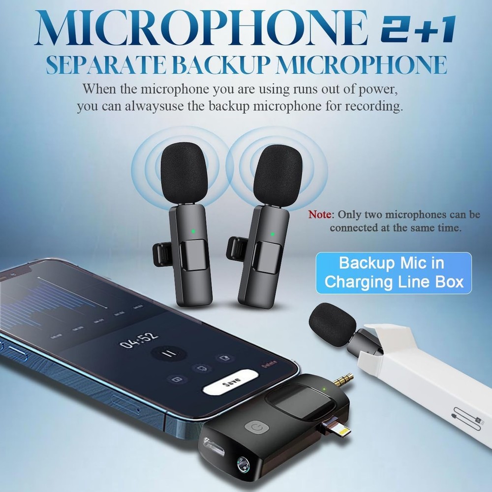 3 in 1 Wireless Lavalier Microphone for iPhone, iPad, Android, 3 MIC, Black