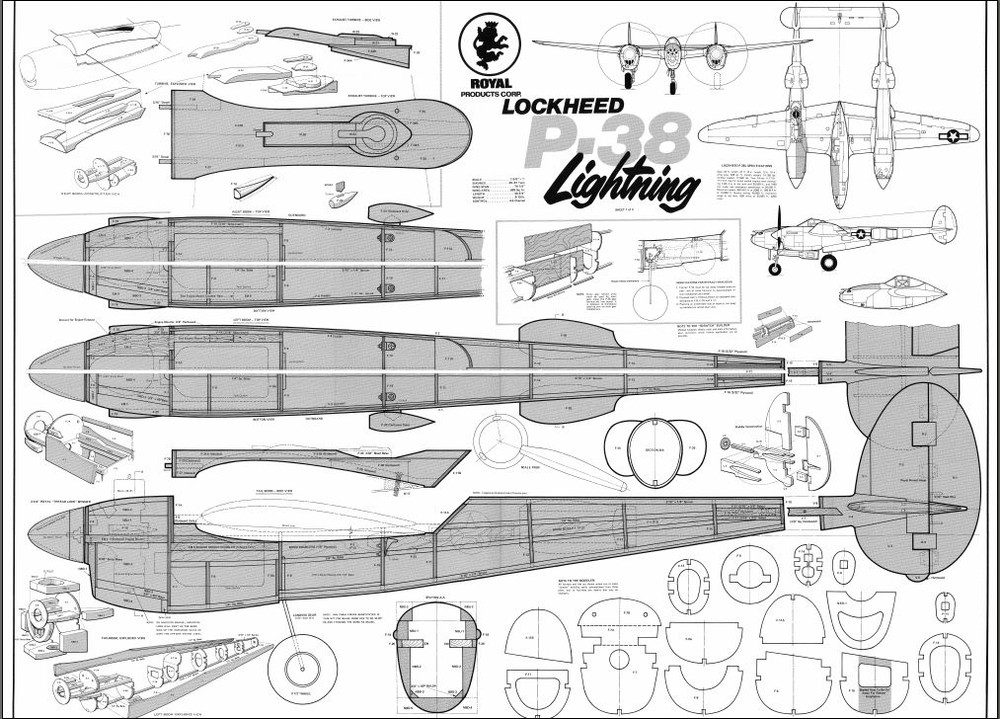 P38 Lightning 74" Giant Scale RC Model AIrplane Printed Plans