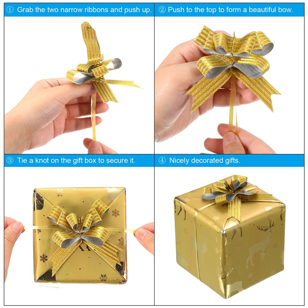 40Pcs 2" Pull Bows Present Wrapping String Bows Striped Style Ribbon Gold Tone