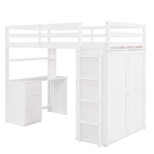 Solid Wood Loft Bed with Desk and Wardrobe Storage Cabinet Twin Size Bed Frames