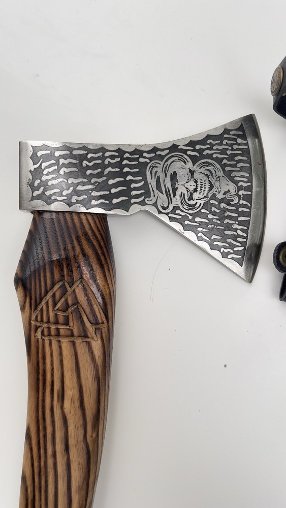 Snake Skull Warrior Bushcraft Axe Wood Burnt Handle