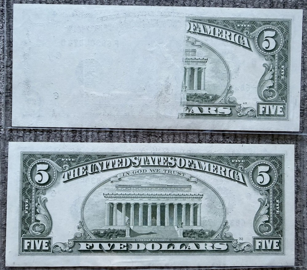 Error 5 Dollar Note Obstruction, With CONSECUTIVE Non-Error Counterpart