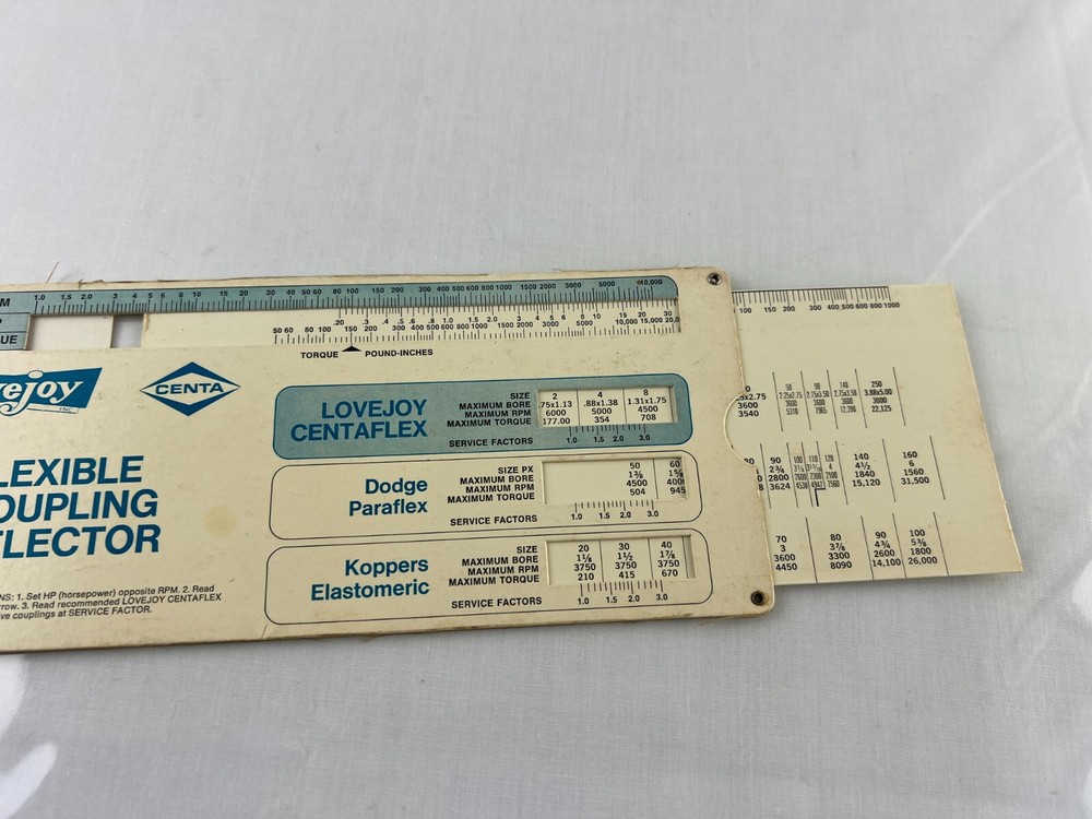 Flexible Coupling Selector Slide Rule Lovejoy Centaflex, Paraflex, Elastomeric