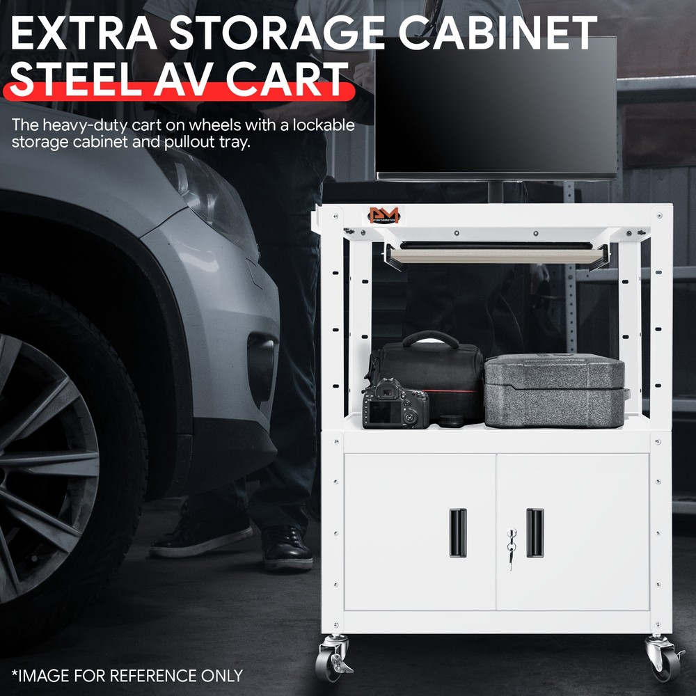 Height Adjustable Media Rolling AV Cart w/ Power Strip+2 Locking Casters White