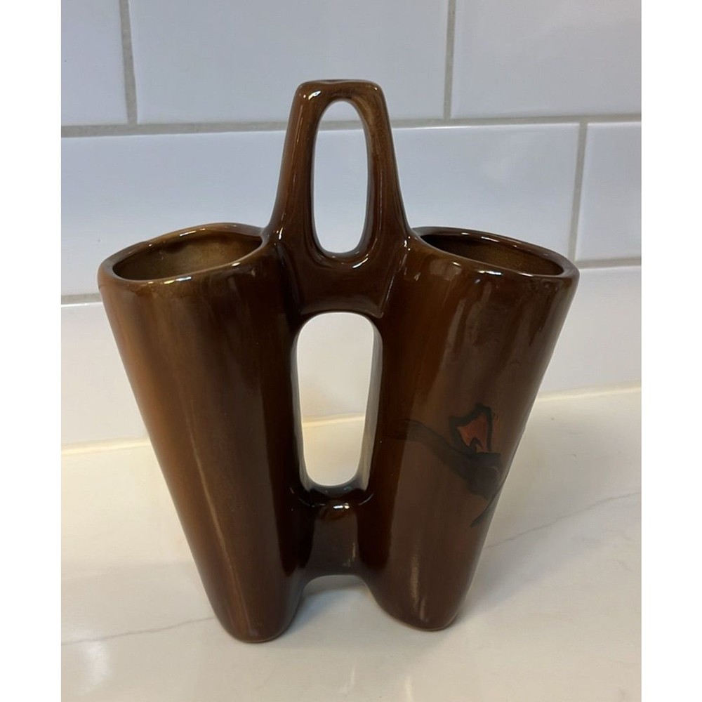 MCM Double Bud Vase Brown Drip Glaze Signed 1987