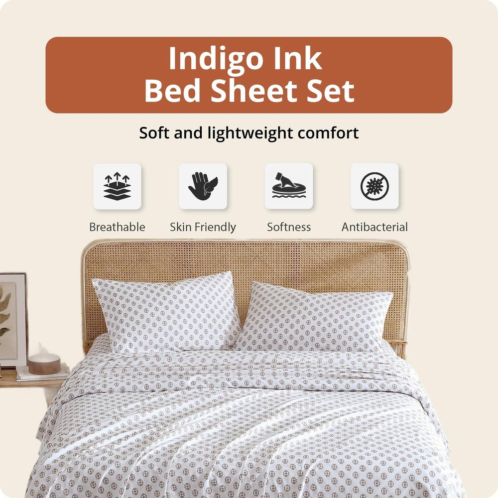 Indigo Ink - Full Size Sheet Set, 4-Piece Boho Medallion Patterned Bedding, S...