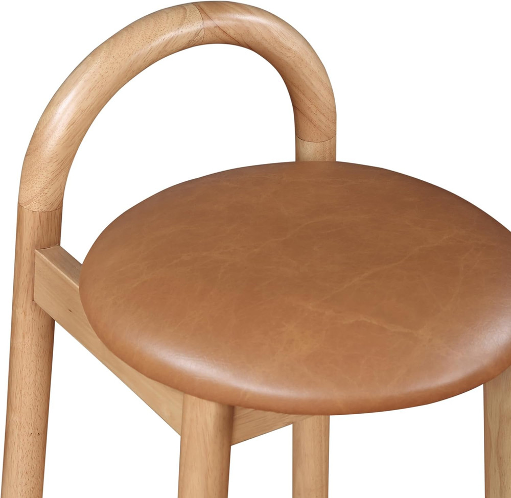 Cognac Vegan Leather Mid-Century Modern Stool with Solid Wood Frame