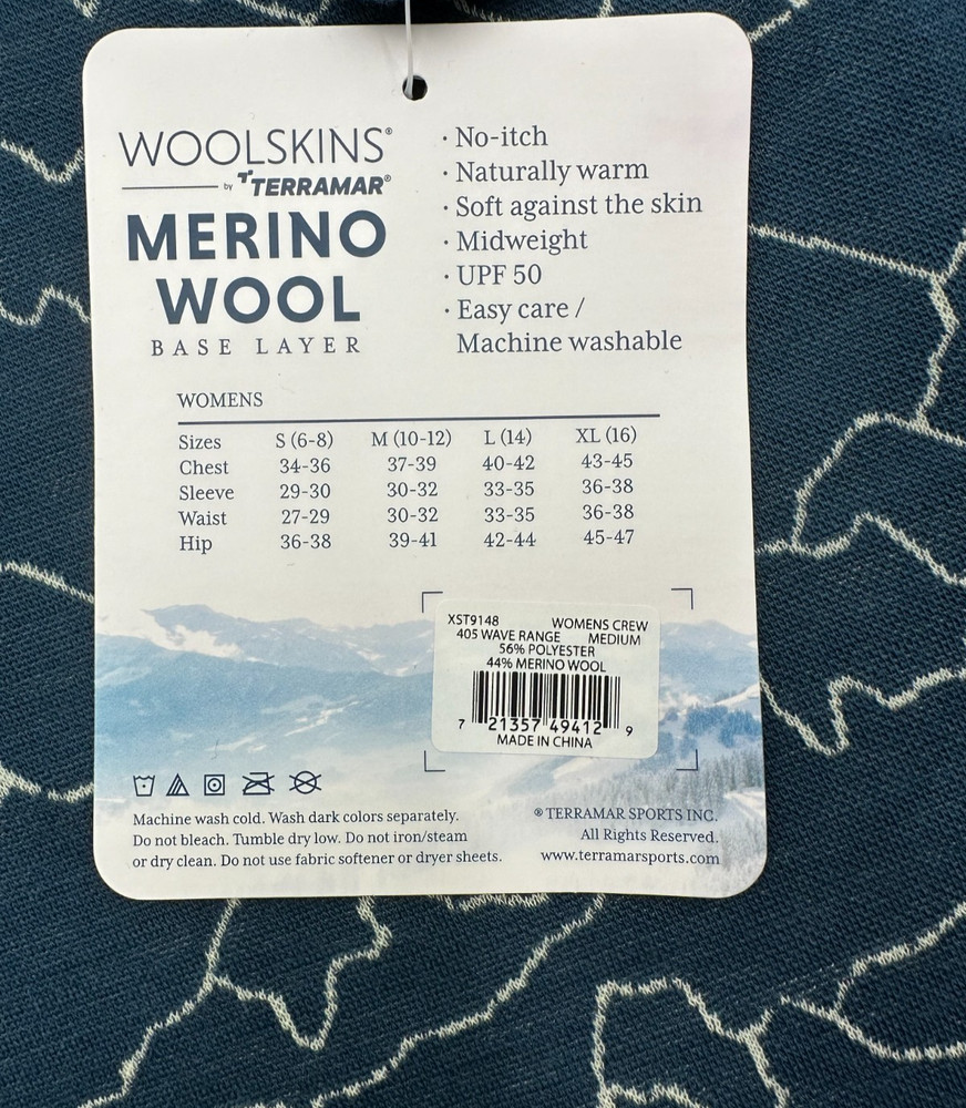 $110 Terramar Woolskins Women’s Merino Base Layer Top - Wave Range-Medium-New