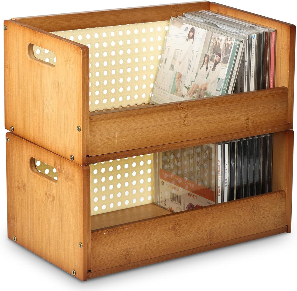 2 Set Bamboo CD Storage Box, Stackable CD Holder Racks Organizer Shelf for Movie