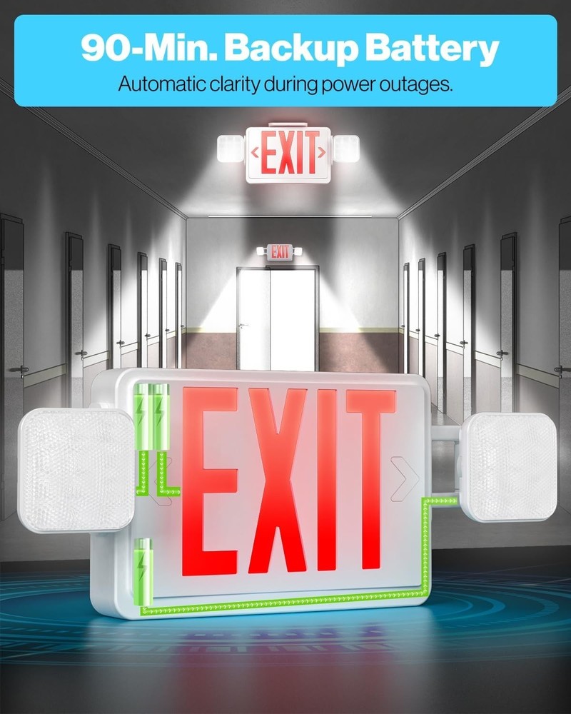 Sunco Red Exit Sign w Two Adjustable Square LED Emergency Lights 94V-0 Fire Resi