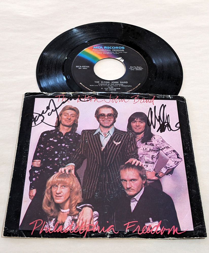 DAVEY JOHNSTONE & NIGEL OLSSON SIGNED 7" RECORD SINGLE elton john PROOF