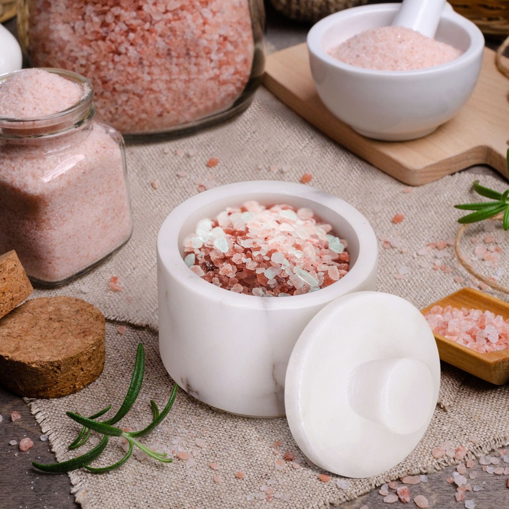 Marble Salt Cellar with Lid, Multi-Purpose Marble Container (White)