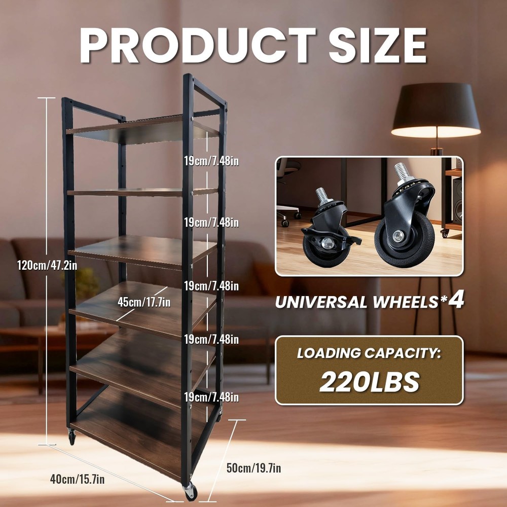 6 Tier AV Media Stand with Wheels Adjustable Shelves