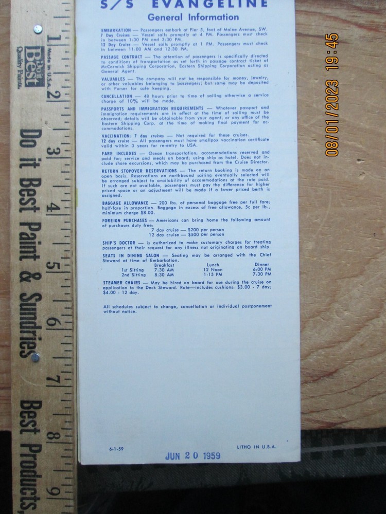 s/s evangeline fall Cruises 1959 Brochure deck plans