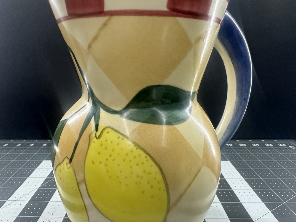 Ceramic Pitcher Checkboard Lemons Hand Painted For Lemonade Drinks Punch