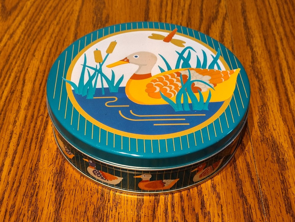 Empty Ducks Springwater Tin Canister Container Pond Scene Round