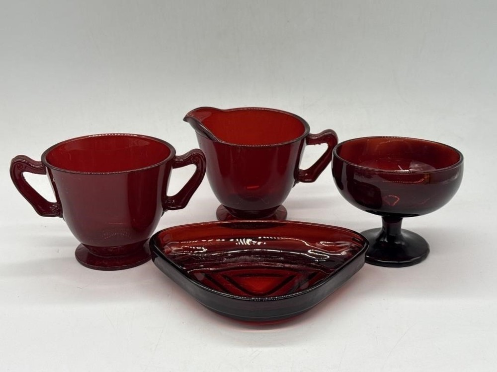 Vintage Anchor Hocking Ruby Red Glass Set Starburst Base Scroll