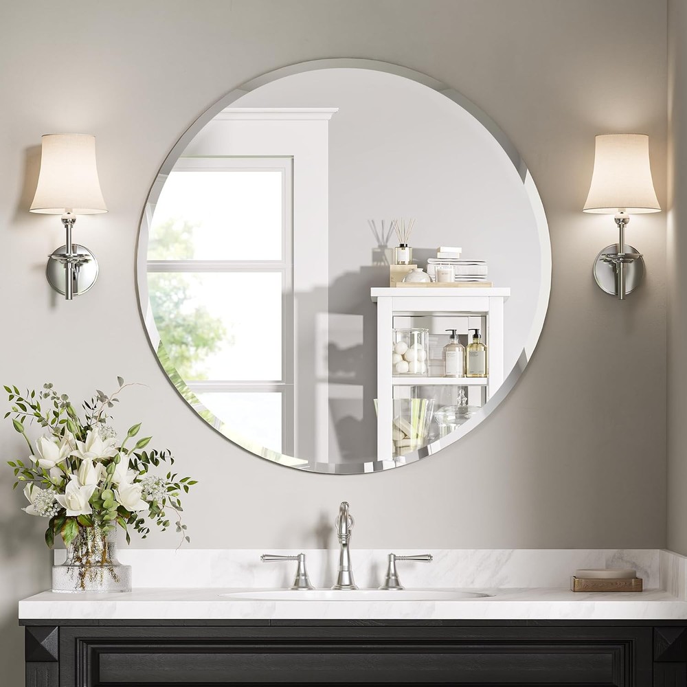30" Frameless Round Bathroom Mirror - Beveled Vanity Mirror with Support Panel