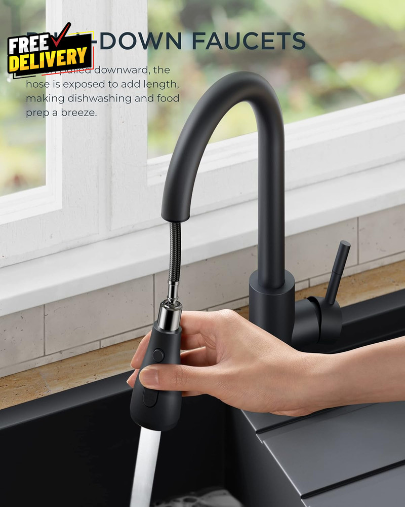 Black Kitchen Faucet Pull Down Sprayer High Arc Single Handle 1/3 Hole