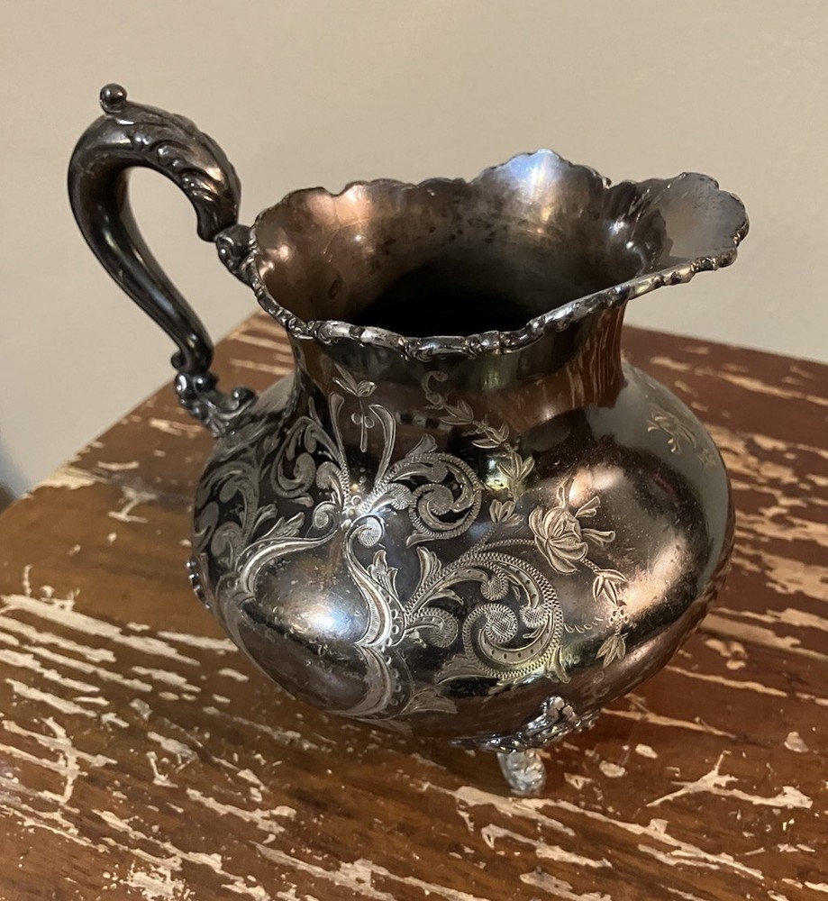 Antique Silver Meriden Ornate Etched Silverplate 4” Pitcher
