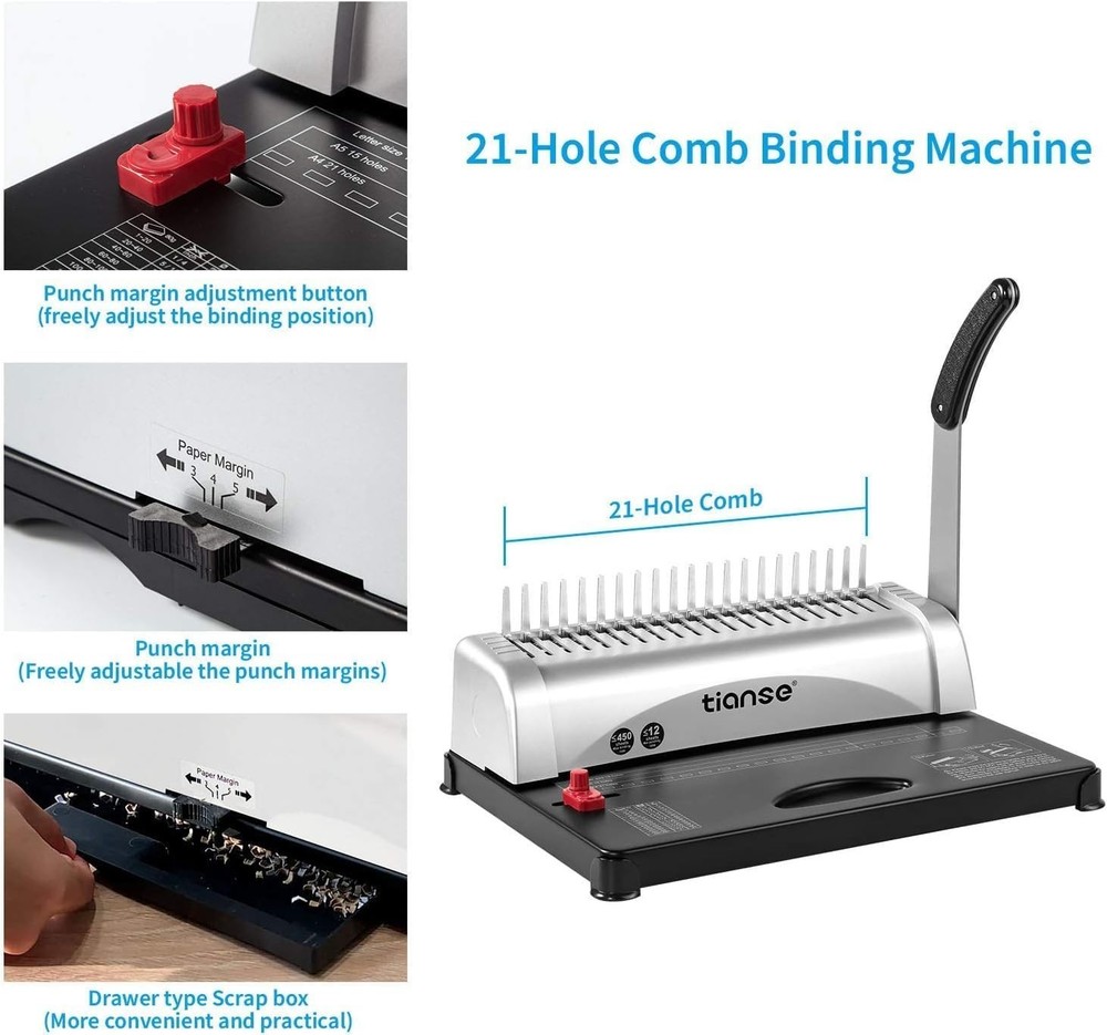 Professional Comb Binding Machine - 21-Hole, 450 Sheet Capacity with Starter Kit