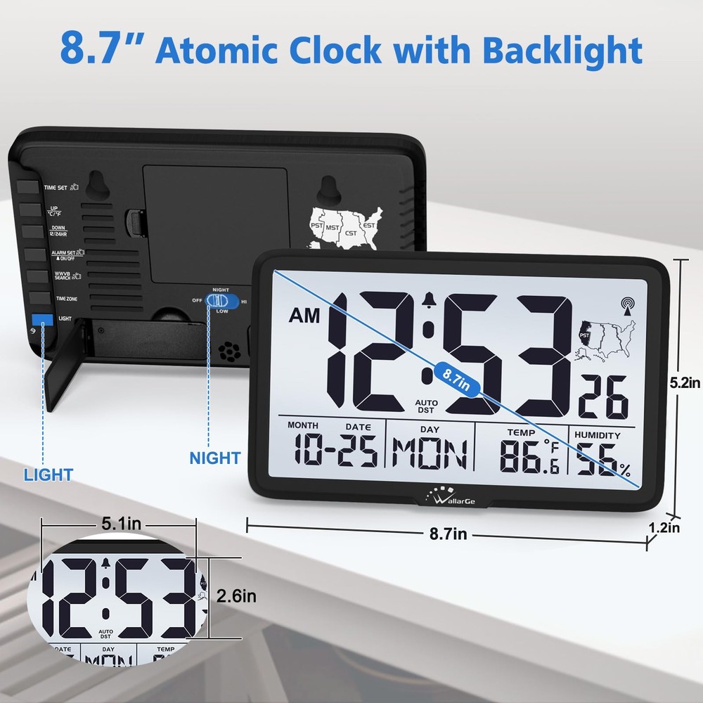 WallarGe Atomic Wall Clock with Backlight, Digital Large, Black