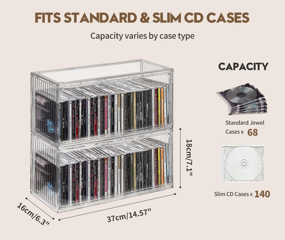 2Pack Clear CD Storage Box Stackable Holder Holds 68 Cases 14.66.37.1 In