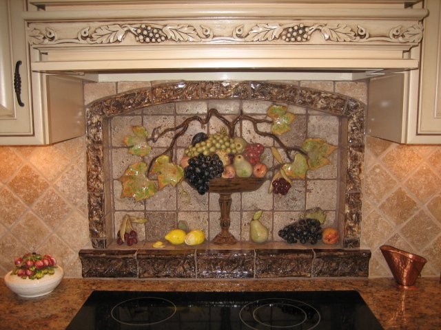 Custom Tuscan Fruit Bowl Backsplash – Hand Sculpted Stoneware Kitchen niche'