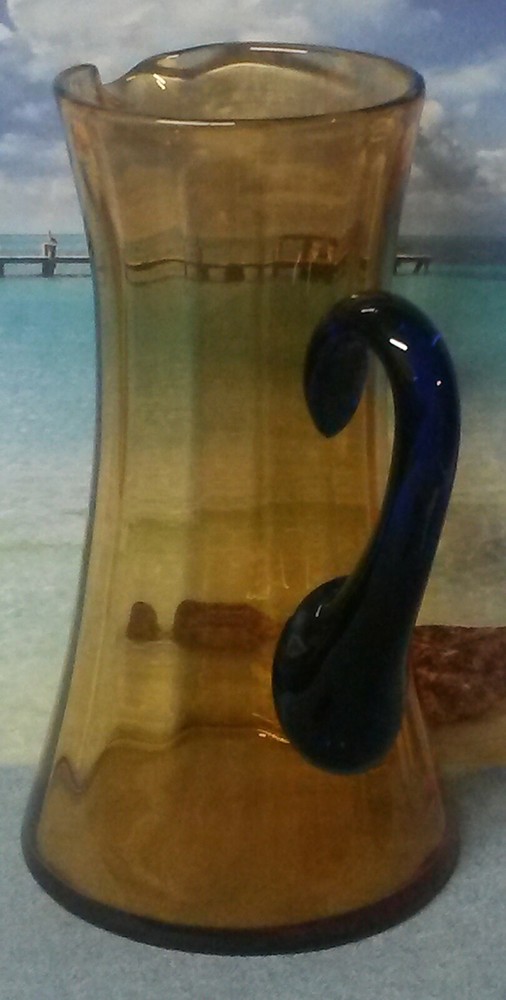 Amber Blown Glass Pitcher with Cobalt Blue Applied Handle