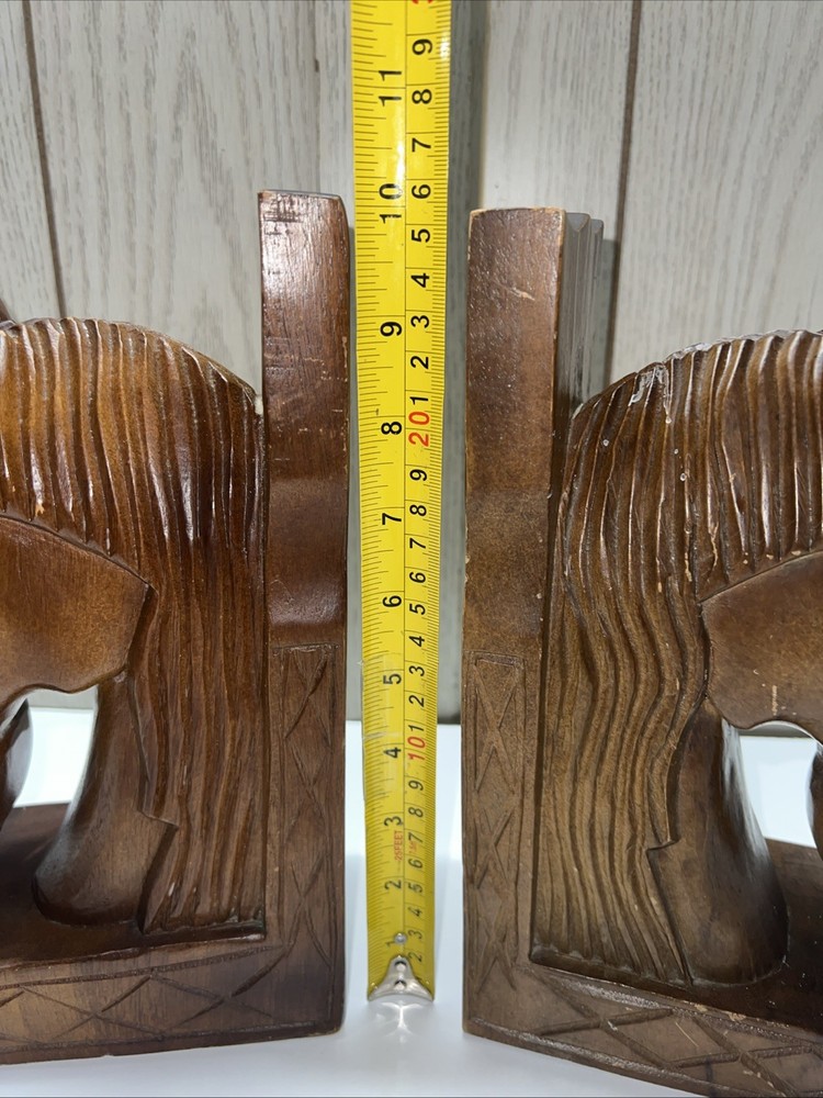 Vintage Pair Monkey Pod Solid Wood Horse Bookends Rustic GUC