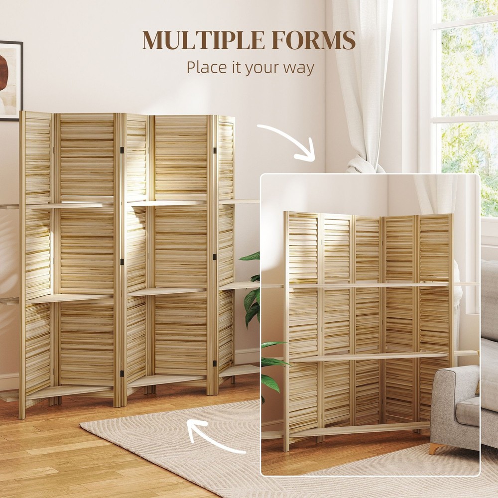 Wooden Privacy Screen 5 Panel 67H with 3 Shelves Foldable Base