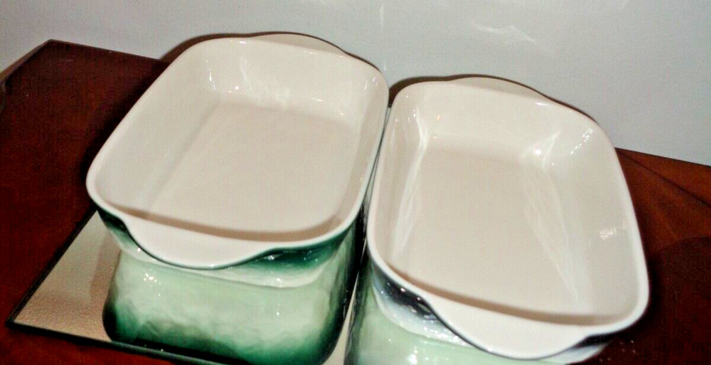 Set of 2 Green & Gray Ceramic Rectangular Baking Roasting Stackable Pan 9X5.5X1"