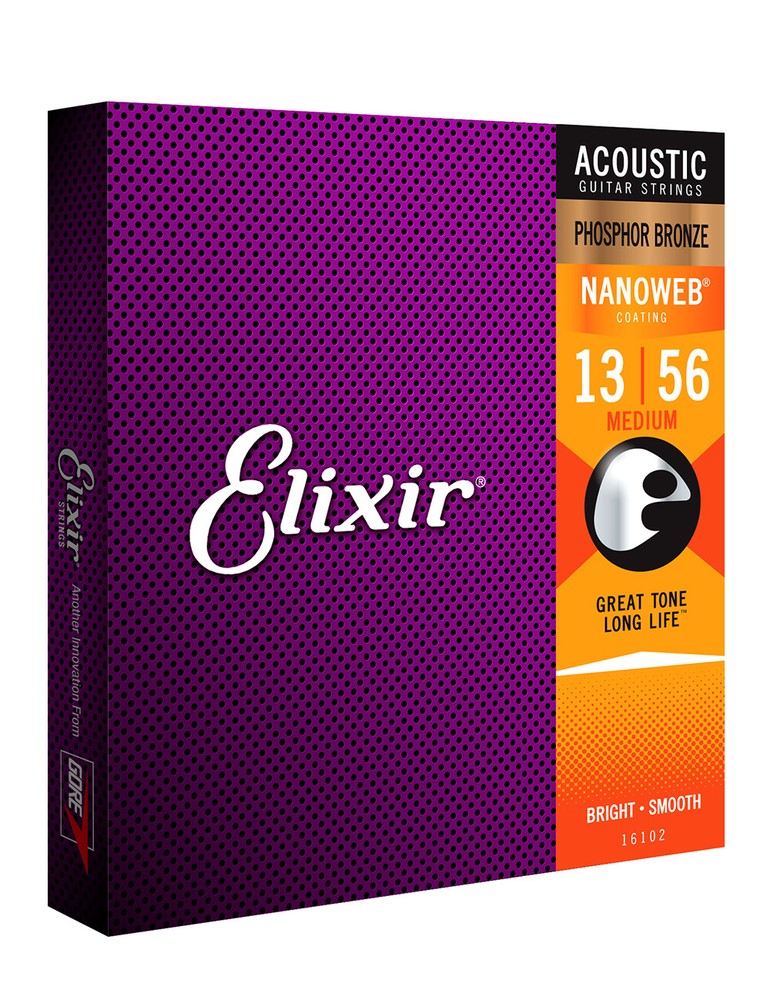 Elixir 16102 Nanoweb Phosphor Bronze Medium Acoustic Guitar Strings (13-56)