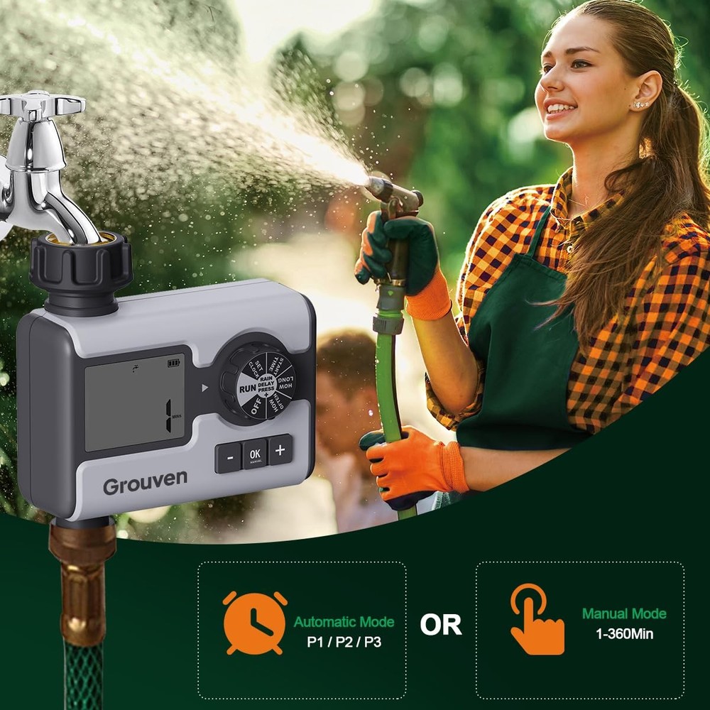 Programmable Garden Water Timer with Rain Delay & Manual/Auto Irrigation