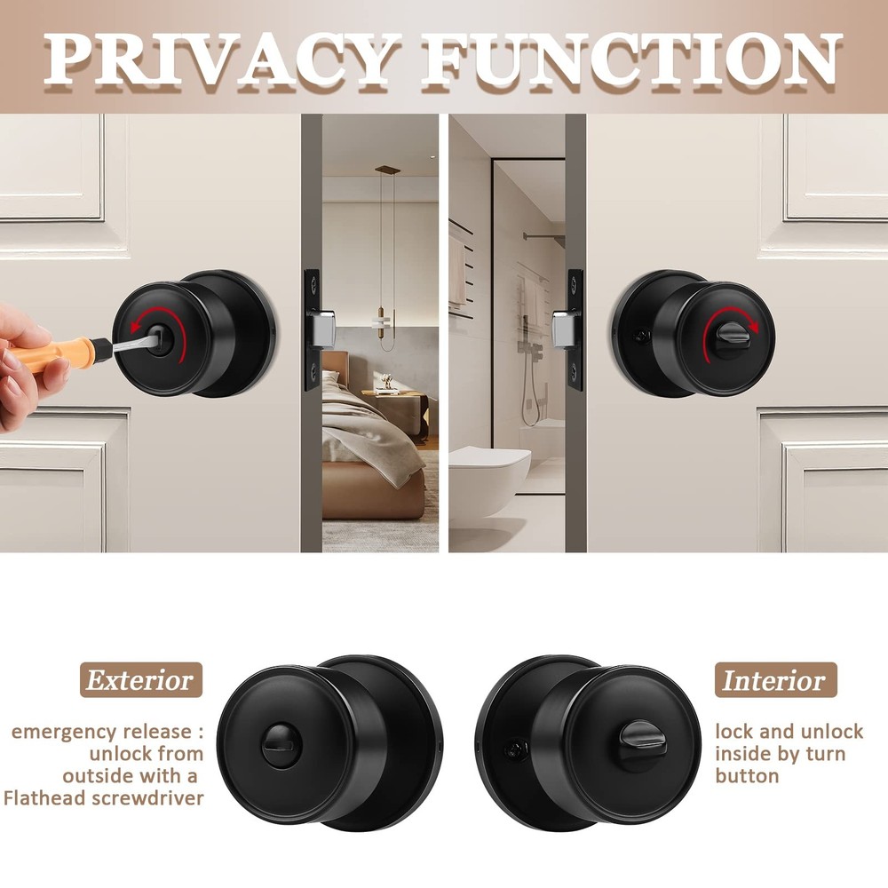 10 Pack Door Knobs Privacy Function Keyless Lock Black Interior Round Door Lo...