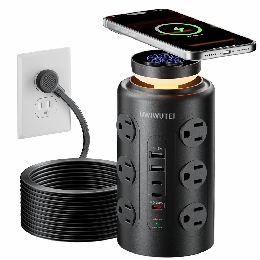 Tower Power Strip Surge Protector with Wireless Charging & Night Light - PD20...